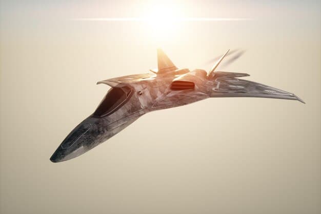 A digital render of a sleek, advanced unmanned combat aerial vehicle (UCAV) flying in formation with a larger, manned fighter jet over a futuristic cityscape, illustrating the loyal wingman concept.