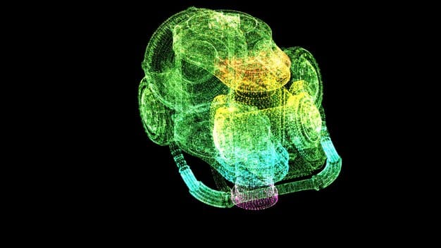 A detailed schematic of nano-sensors embedded within a soldier's futuristic helmet, displaying real-time data overlays and bioluminescent indicators, highlighting cognitive enhancement.