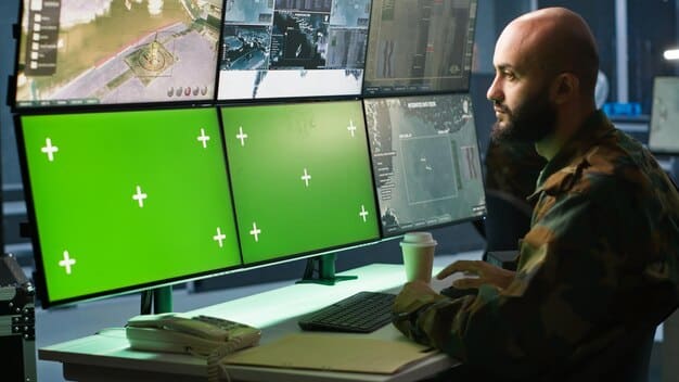 A drone operator in a military control room, monitoring multiple screens displaying real-time drone tracks, sensor data, and potential threat assessments, highlighting the human-machine teaming aspect of modern counter-drone operations.
