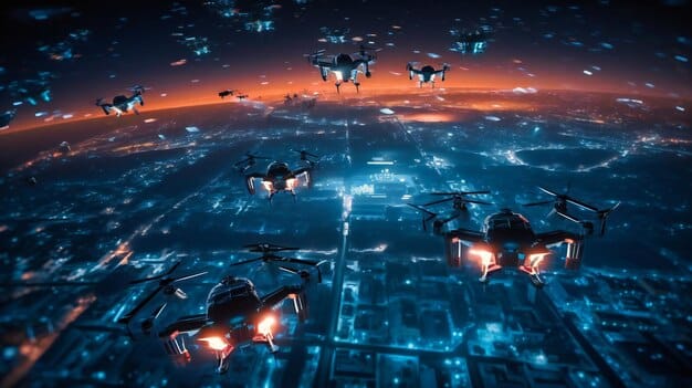 Several autonomous drones flying in formation, each equipped with electronic warfare pods, over a simulated battlefield, demonstrating networked EW capabilities.