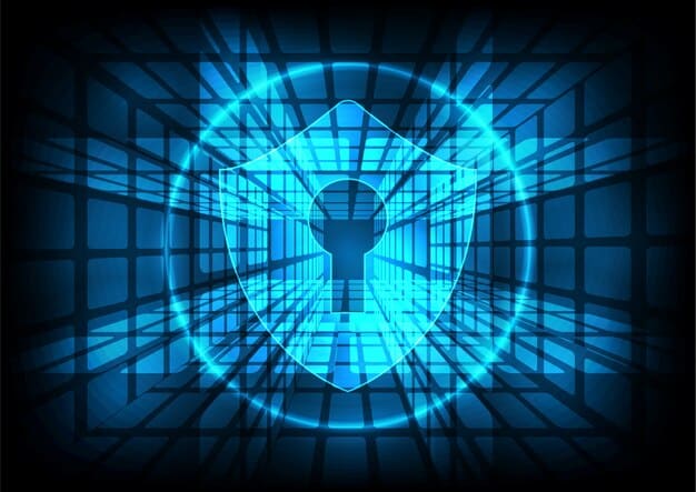 A stylized depiction of a secure, multi-layered digital network protecting a silhouette of a defense facility, with interconnected nodes and glowing safeguards, conveying resilience against cyber threats.