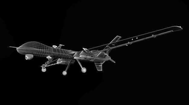 A detailed schematic or 3D rendering of a next-generation military drone, with sleek lines and advanced sensor arrays, symbolizing autonomous flight research.