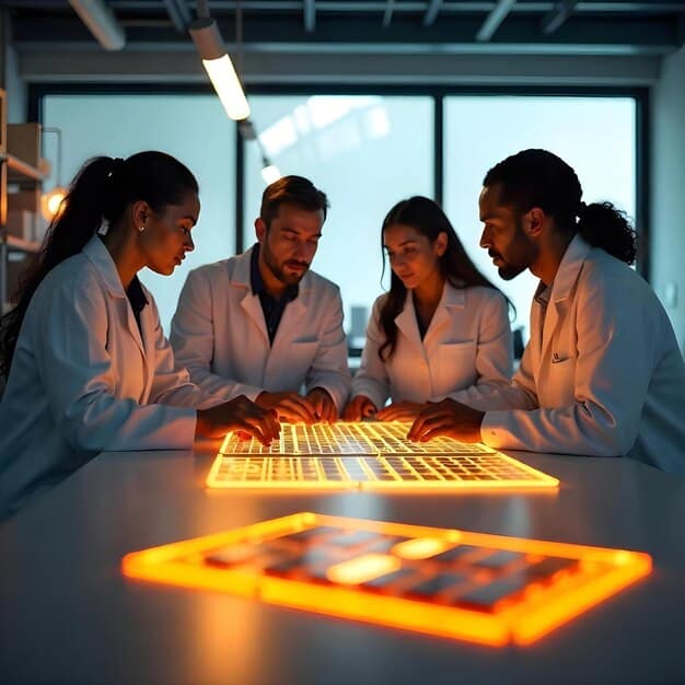 A diverse team of engineers and scientists collaboratively working in a high-tech lab, with screens displaying complex data models and diagrams, symbolizing cross-disciplinary research and development.