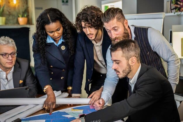 A diverse group of defense industry executives from different nations engaging in a high-level discussion around a conference table strewn with blueprints and digital displays, symbolizing international defense agreements and collaboration. Professional, strategic, and global.