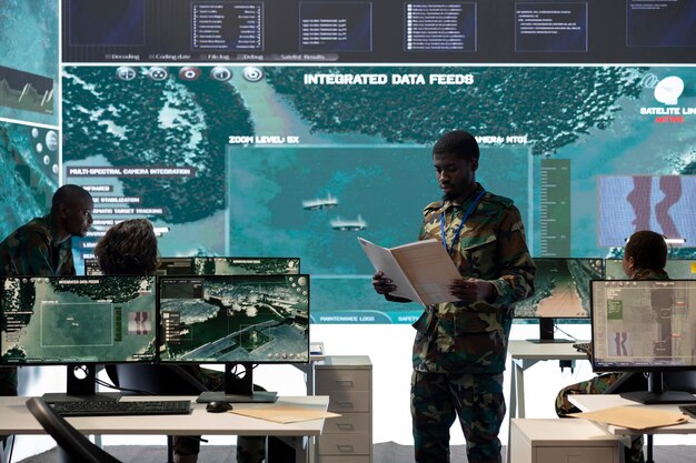 A US defense engineer explaining a complex software interface on a large tactical display to an international military delegation, emphasizing technology transfer and training aspects of defense exports. Collaborative, educational, and high-tech.