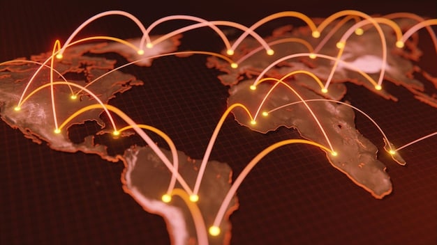 A complex flowchart showing intertwined lines representing global supply chains and economic indicators, with some nodes highlighted in red to symbolize points of pressure or disruption.
