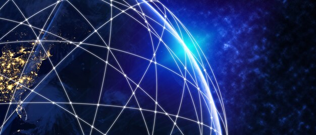 A constellation of sleek, futuristic satellites orbiting Earth, with communication beams connecting them to ground stations, emphasizing global reach and advanced data transfer.