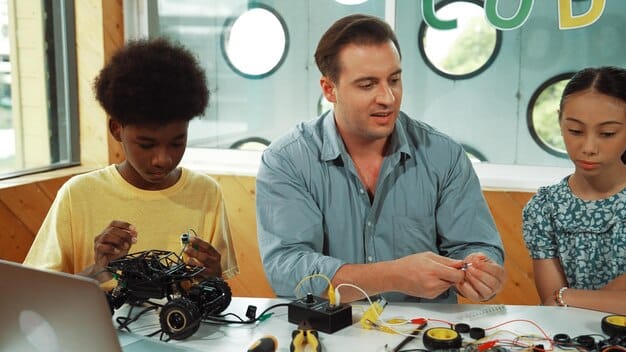University students in a laboratory setting conducting research on robotics, with a professor guiding them, signifying an industry-academia partnership.