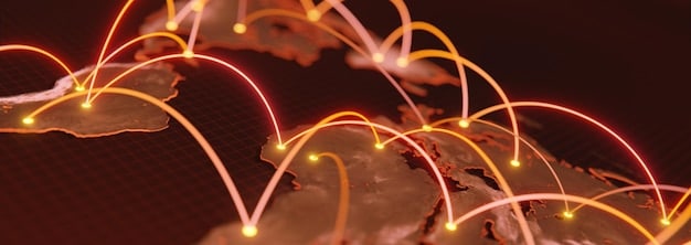 A complex digital network with glowing red lines indicating potential cyber threats, highlighting vulnerabilities in a global supply chain system.
