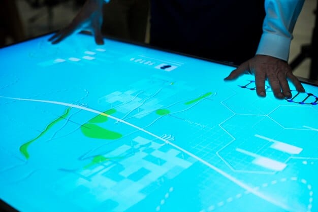 Engineers examining a digital rendering of a sustainable defense vehicle, highlighting its modular design and use of recycled materials, with a focus on its environmental impact assessment.