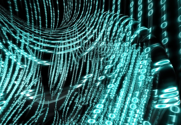 A digital representation of a secure network with data flowing, illustrating encryption and access control measures used in defense data security.