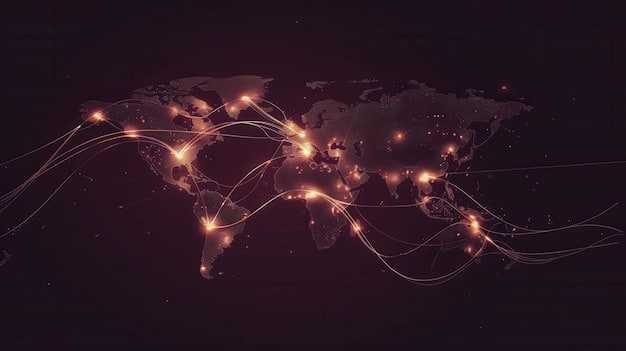 A map of the world represented by glowing digital lines, with various points of light indicating international connections and partnerships, symbolizing global cyber collaboration.