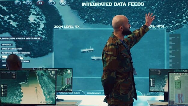 A futuristic military command center displaying intricate digital maps and real-time data streams, with AI-powered analytical dashboards highlighting strategic insights. Officers are observing the projections with focused expressions.