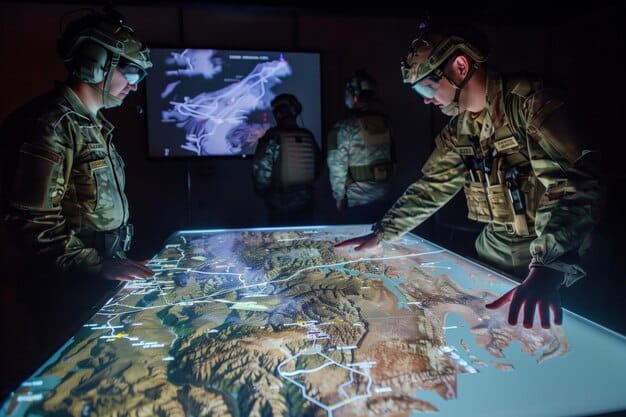 A group of soldiers in a high-tech simulation room, interacting with holographic tactical maps and virtual reality interfaces. The scene is illuminated by glowing digital projections, indicating advanced training technology.