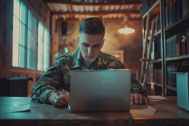 A young military recruit intently studying in a modern, well-equipped classroom setting, with a laptop open and a textbook beside them. The background shows other recruits similarly engaged in learning.