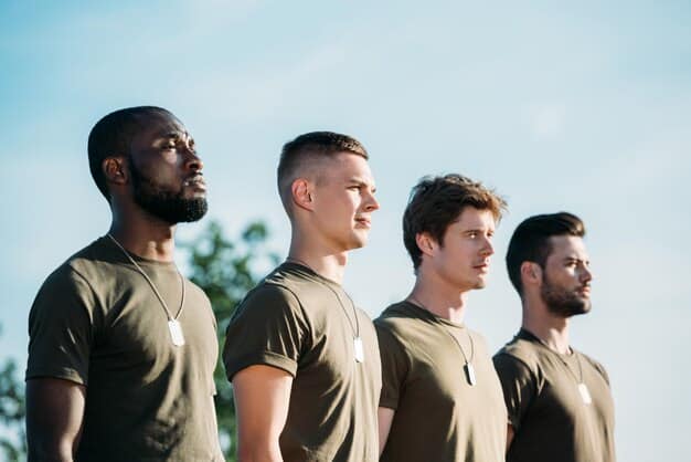 A group of diverse military personnel engaging in a team-building exercise outdoors, smiling and collaborating. They are professionally dressed in modern utility uniforms.