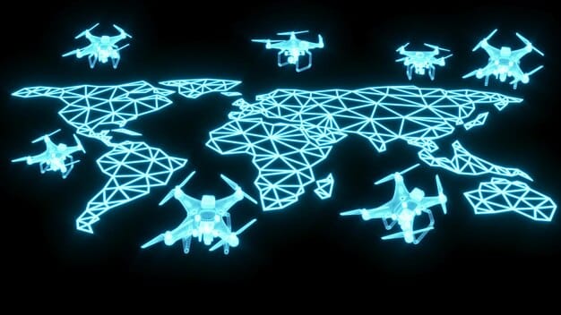 A schematic diagram illustrating a manned fighter jet (NGAD) digitally linked to multiple smaller, unmanned aircraft (CCA drones) flying in formation, showcasing network-centric warfare concepts.