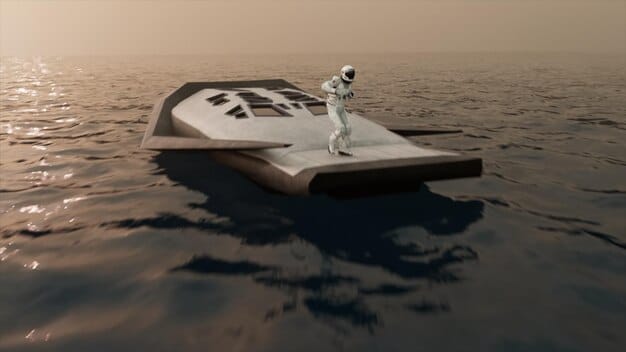A conceptual drawing of an advanced, stealthy unmanned surface vessel (USV) operating autonomously in choppy waters, with data streams depicted in the background.