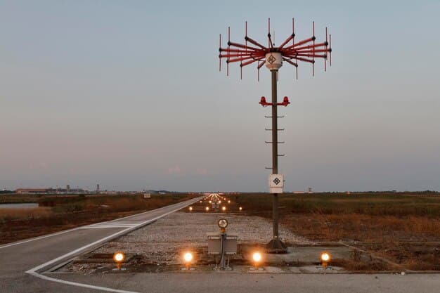 A stylized depiction of a high-power microwave weapon array, with radio waves emanating from it, possibly targeting a drone in the sky, illustrating non-kinetic engagement.