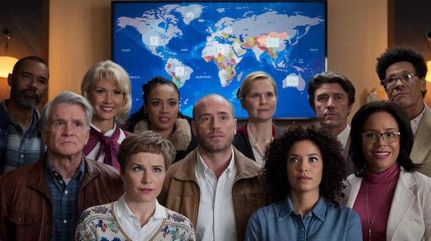 A diverse group of people from various cultures gathered around a digital map, signifying the global reach and precision targeting of psychological operations based on behavioral analysis.