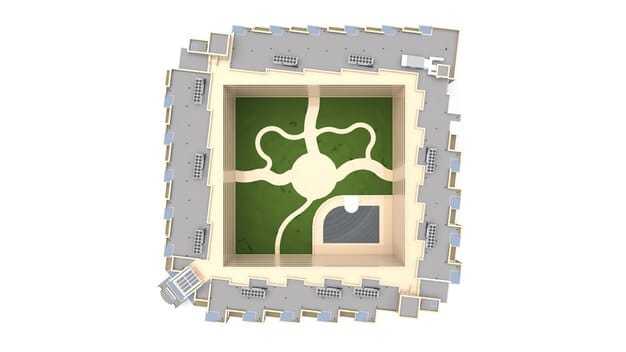 A detailed map or tactical drawing of a simulated urban training area, showing building layouts, street grids, and potential objective markers. The style is clear and informative, suitable for military planning.