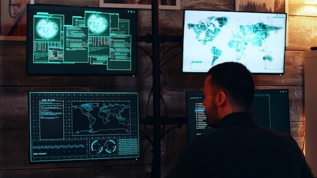 A cybersecurity expert monitors multiple glowing screens showing complex network diagrams and data, representing the intensity of cyber warfare defense.