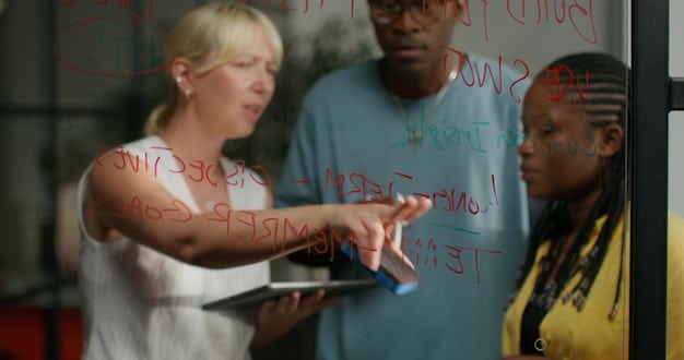 A diverse group of people engaged in a discussion, looking at screens displaying fragmented information, symbolizing the need for media literacy and critical thinking.