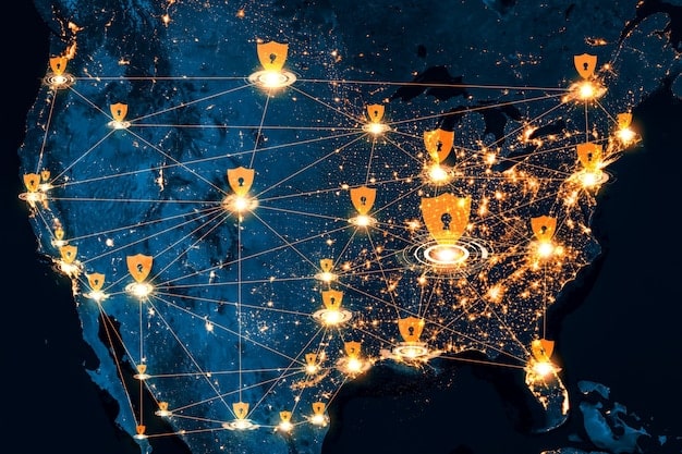 A detailed map highlighting data transfer routes between the United States and European Union, overlaid with icons symbolizing data security, legal compliance, and international cooperation.