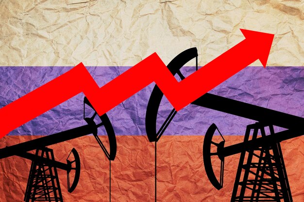 A dynamic graphic showcasing fluctuating oil and gas prices on a global stock chart, superimposed with a small flag of Russia and the US, illustrating the direct economic impact of sanctions. Emphasis on supply chain disruption warnings.