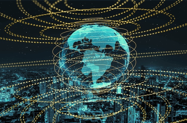 A futuristic graphic depicting global supply chains and digital currency symbols, interconnected by lines representing data flow and economic transactions, with a stylized US Capitol building in the foreground, suggesting strategic adaptation.
