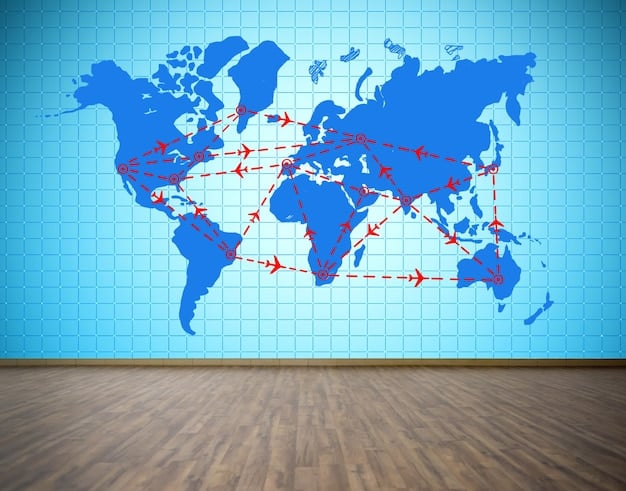 A stylized map highlighting global migration routes with arrows indicating increased flow towards North America, emphasizing refugee movements in a nuanced way.