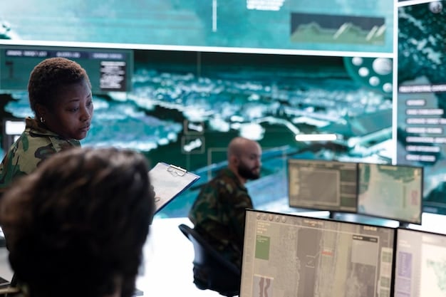 A diverse group of international military officers discussing climate change impacts during a collaborative planning session, symbolizing global cooperation.