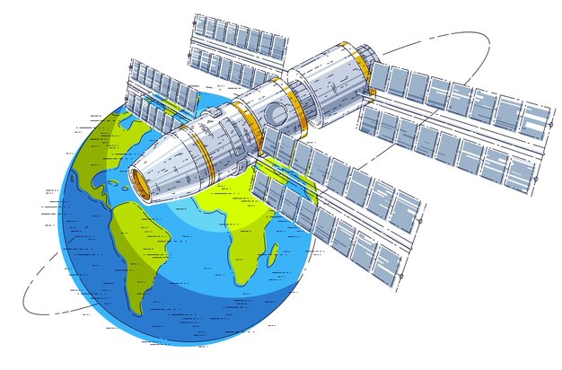 A detailed graphical representation of a satellite in orbit being monitored by ground control, with data streams flowing, illustrating the comprehensive monitoring and regulatory aspects of space operations under new legal frameworks.