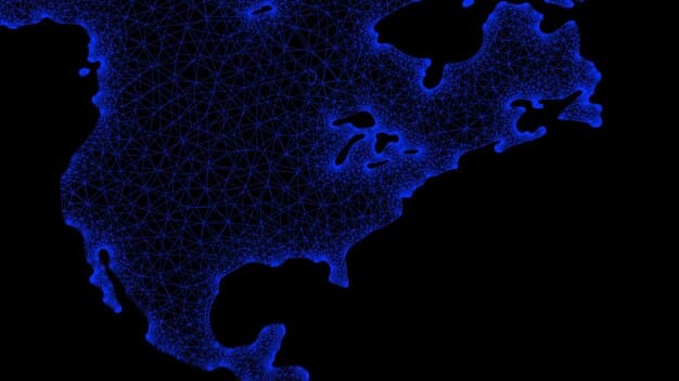 A dark, stylized map of the United States with specific critical infrastructure nodes (power plants, communication hubs) glowing red, interconnected by thin, vulnerable lines, symbolizing a targeted cyberattack.