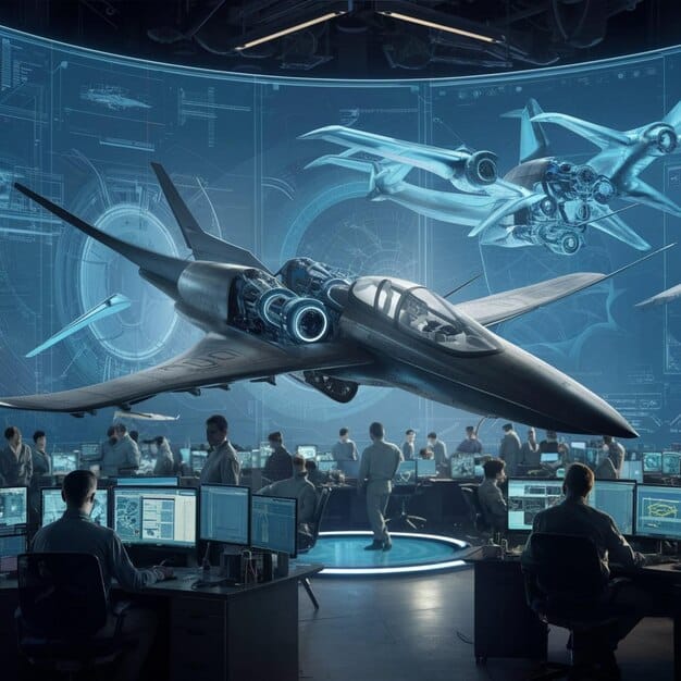 An F-35 operating in conjunction with other military aircraft and ground units, illustrating the integrated nature of its electronic warfare capabilities. The image conveys the seamless coordination and data sharing that enhances overall mission effectiveness.