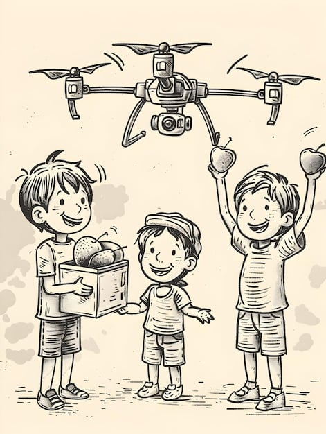 A stark, black and white image depicting a child's drawing of a drone, juxtaposed with a war-torn background. This visual representation underscores the ethical implications and potential for unintended harm associated with AI in military drones, emphasizing the considerations within 'Artificial Intelligence in Military Drones: Analyzing the Ethical and Strategic Implications for the US Air Force'.