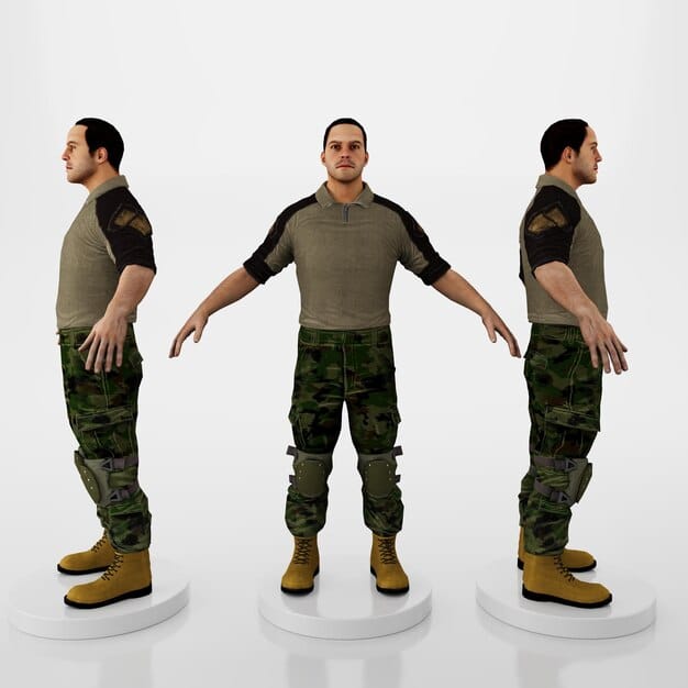 A soldier demonstrating the range of motion possible while wearing next-generation body armor. The image highlights the flexibility and ergonomic design of the armor, emphasizing its ability to provide protection without hindering movement.