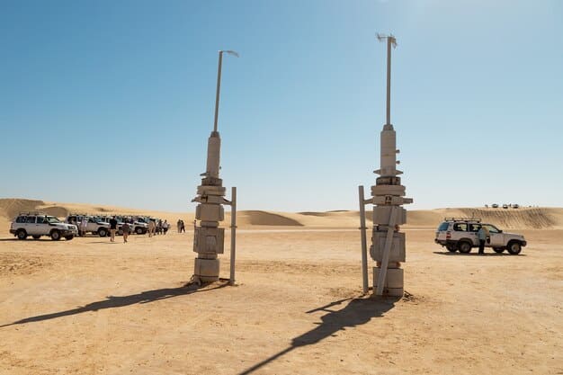 A 5G mobile network tower being deployed in a desert environment, surrounded by military vehicles. The image symbolizes the infrastructure required to support 5G technology in remote and challenging locations, emphasizing how is the US Military integrating 5G technology into battlefield operations.