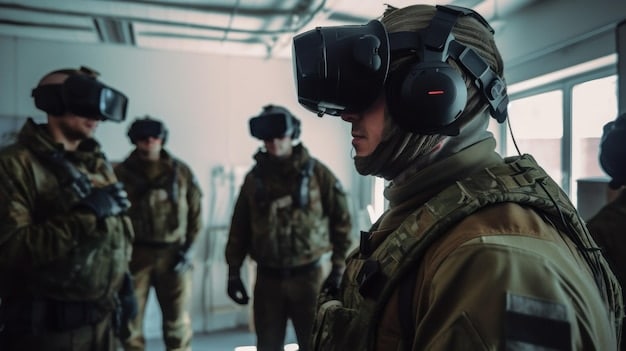 A group of U.S. Marines using VR headsets and motion tracking equipment in a large, open room. They are participating in a simulated combat exercise, with their movements and actions accurately reflected in the virtual environment. Instructors are observing and providing guidance.