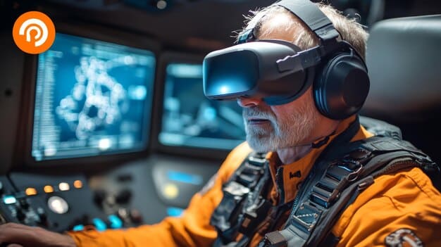 A U.S. Navy corpsman using a VR simulation to practice medical procedures on a virtual patient. The simulation includes realistic graphics and haptic feedback, allowing the corpsman to develop the skills necessary to treat patients in the field.