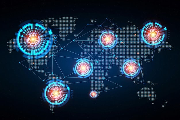 A network of interconnected military supply chain nodes, visualized on a high-tech display. The image illustrates real-time tracking of autonomous vehicles and drones moving supplies, highlighting the integration of AI and IoT in The Future of Military Logistics: Exploring the Potential of Autonomous Supply Chains.
