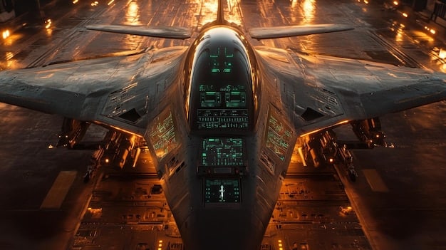 An artist's rendering of the US Military's newest stealth bomber cockpit, showcasing the advanced displays and integrated controls. The image emphasizes the pilot's enhanced situational awareness and the intuitive interface that allows for effective management of the aircraft's systems, relevant to Analyzing the Technological Capabilities of the US Military's Newest Stealth Bomber.