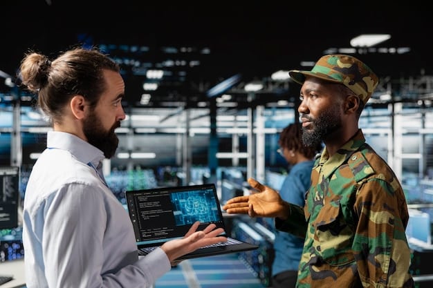 A diverse team of military engineers and roboticists in a high-tech lab, meticulously working on the internal components of a Robotic Combat Vehicle, symbolizing the intensive development and technical expertise required.