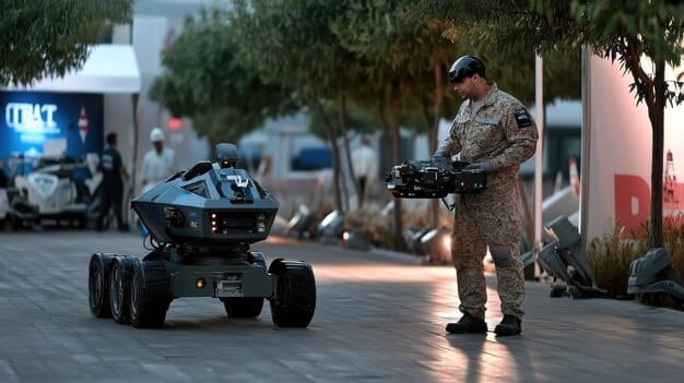 A U.S. Army Robotic Combat Vehicle (RCV) engaging a target with its mounted weapon system, while dismounted infantry takes cover and observes from a tactical position.