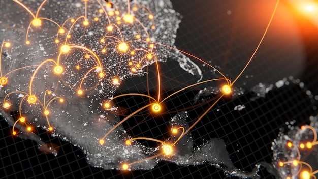 A digital representation of a global supply chain network with nodes and connections highlighting potential vulnerabilities to cyber attacks. The image illustrates the cybersecurity threats discussed in the context of the Insider's Guide: Navigating the Defense Industry Supply Chain Disruptions of 2024-2025.