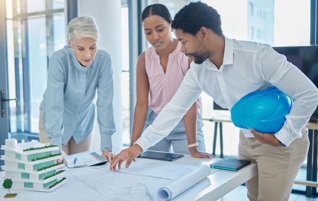 A diverse team of engineers reviewing blueprints in a modern office setting, illustrating the importance of technical expertise and collaboration in winning defense contracts. Their focus is intense, highlighting the complexity of the projects.