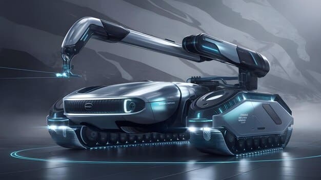 A futuristic rendering of a directed energy weapon (DEW) system mounted on a military vehicle. The DEW is firing a beam of energy towards a target, such as a drone or missile. The image should convey the precision and speed of DEWs, and how they contribute to US Defense Industry Innovation: 4 Emerging Technologies to Watch in the Next 12 Months.