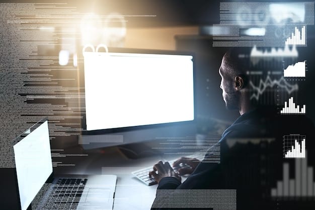 A professional is analyzing cybersecurity data on a computer screen, with various lines of code and charts visible. This illustrates the increased requirement for cybersecurity expertise in the defense industry, highlighted in the Defense Industry Job Outlook: Top 5 Skills in Demand for US Professionals in 2025.