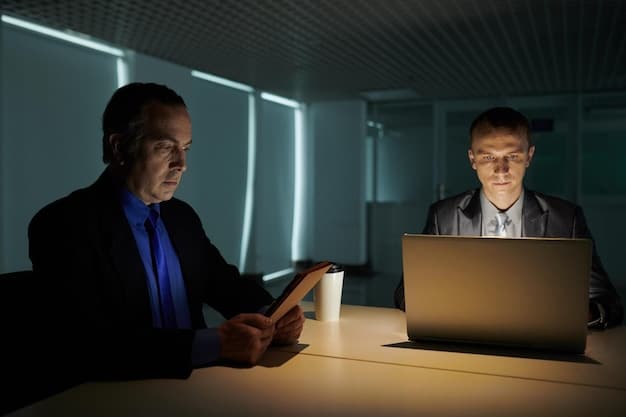 A person being interviewed by a security official in a brightly lit office. The scene suggests a formal and professional setting, with documents and files visible in the background, relating to the security clearance process.