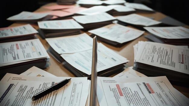 A close-up shot of a stack of lobbying disclosure forms, suggesting transparency requirements and regulatory oversight. The focus is on the details of the forms, symbolizing the documentary evidence of Defense Industry Lobbying activities.